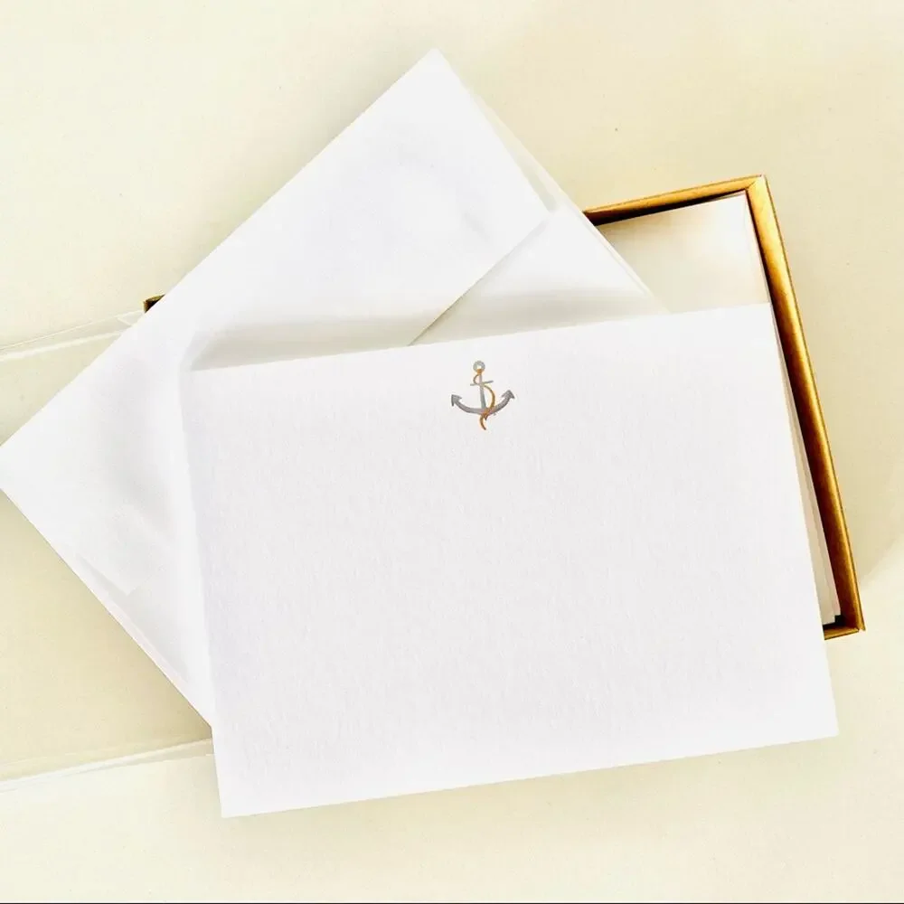 3 NEW ANTHROPOLOGIE White Grey Illustrated Anchor Nautical Card Notecards s/10